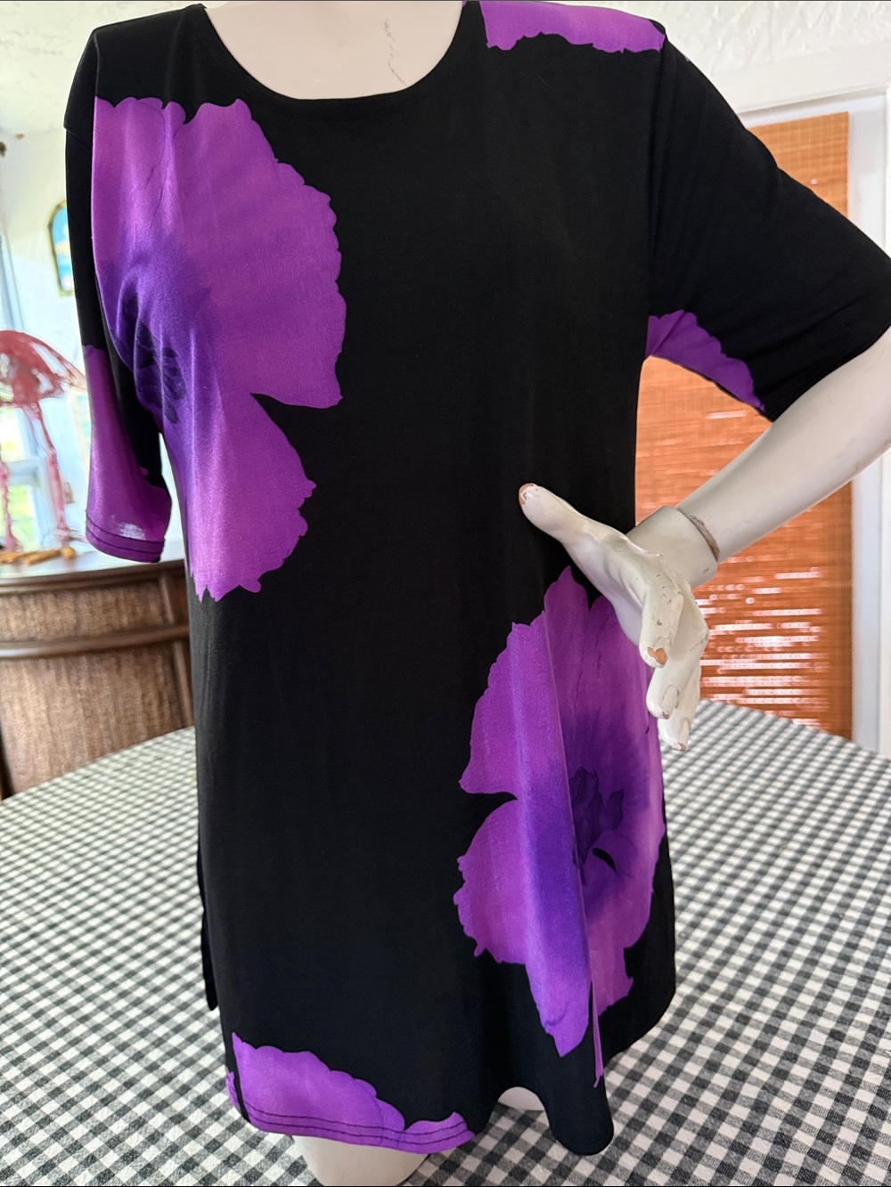 Black Tunic Top with Purple Floral Accents